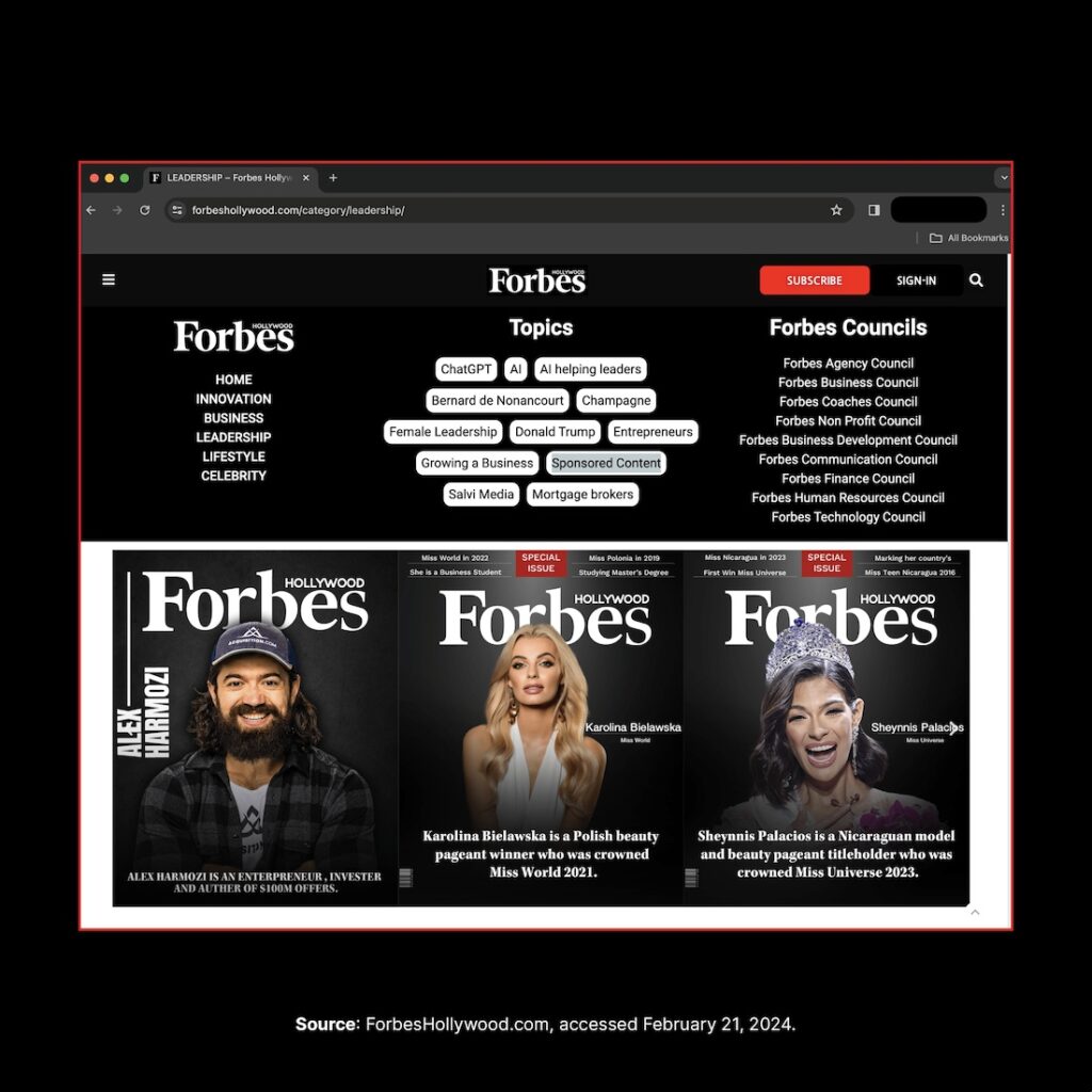 Fake Forbes Hollywood magazine cover and website