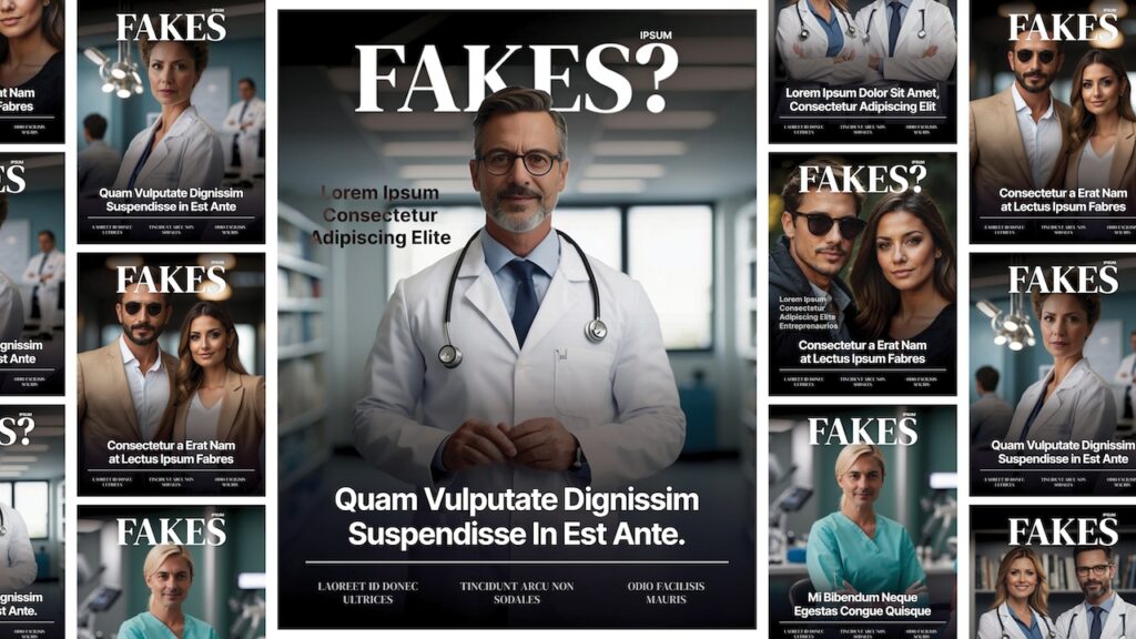 Fictitious magazine covers feature AI-generated characters and gibberish placeholder text, created by Surgical Times for purposes of article illustration and general subject reference only.
