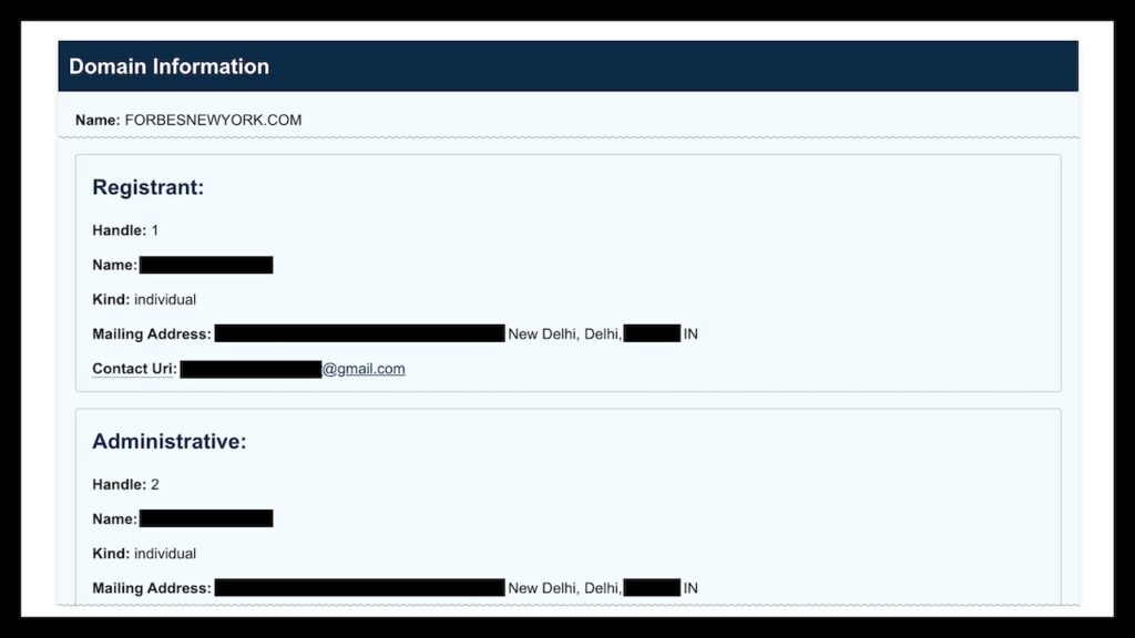 ForbesNewYork.com domain registration records, via ICANN, on December 15, 2023.